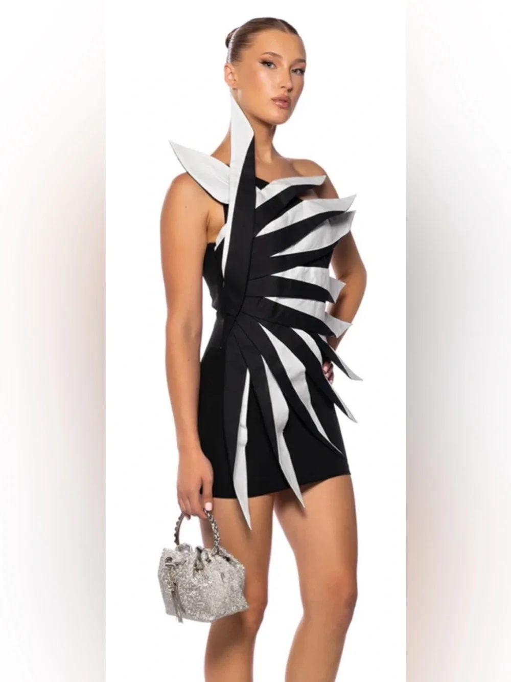 AKIRA Draco Pointed Mini Dress Black White Sculptural One Shoulder Size XL - Picture 3 of 12